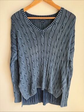 Polo Raulp Lauren Cable Knit V-Neck Sweater - Dusty Blue Size Small